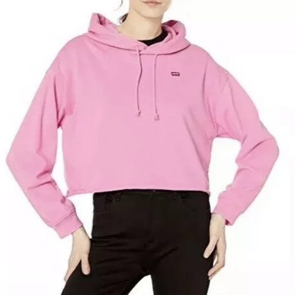 🌹Levi’s Women Raw Cut Hem Cropped Pink Hoodie NEW - Picture 2 of 8